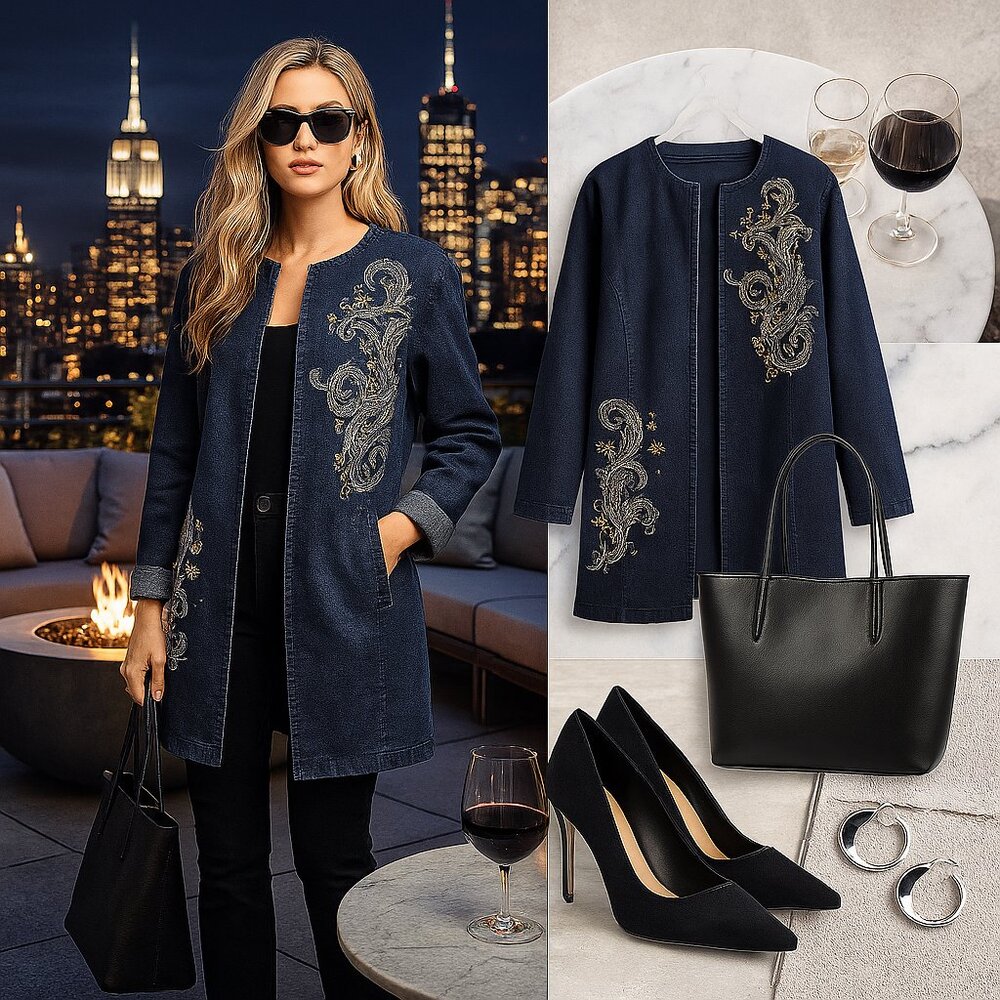 Jessica London Embroidered Denim Coat – (Vintage-Inspired Statement Jacket)